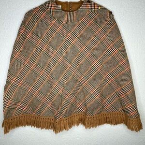 Kingsley poncho cape vintage Houndstooth Plaid Fringe zip